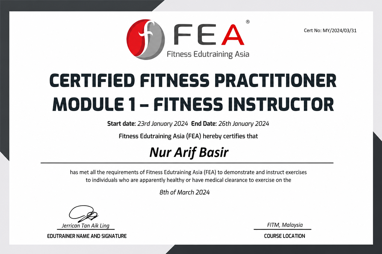 Certified Fitness Instructor certificate awarded to Nur Arif Basir