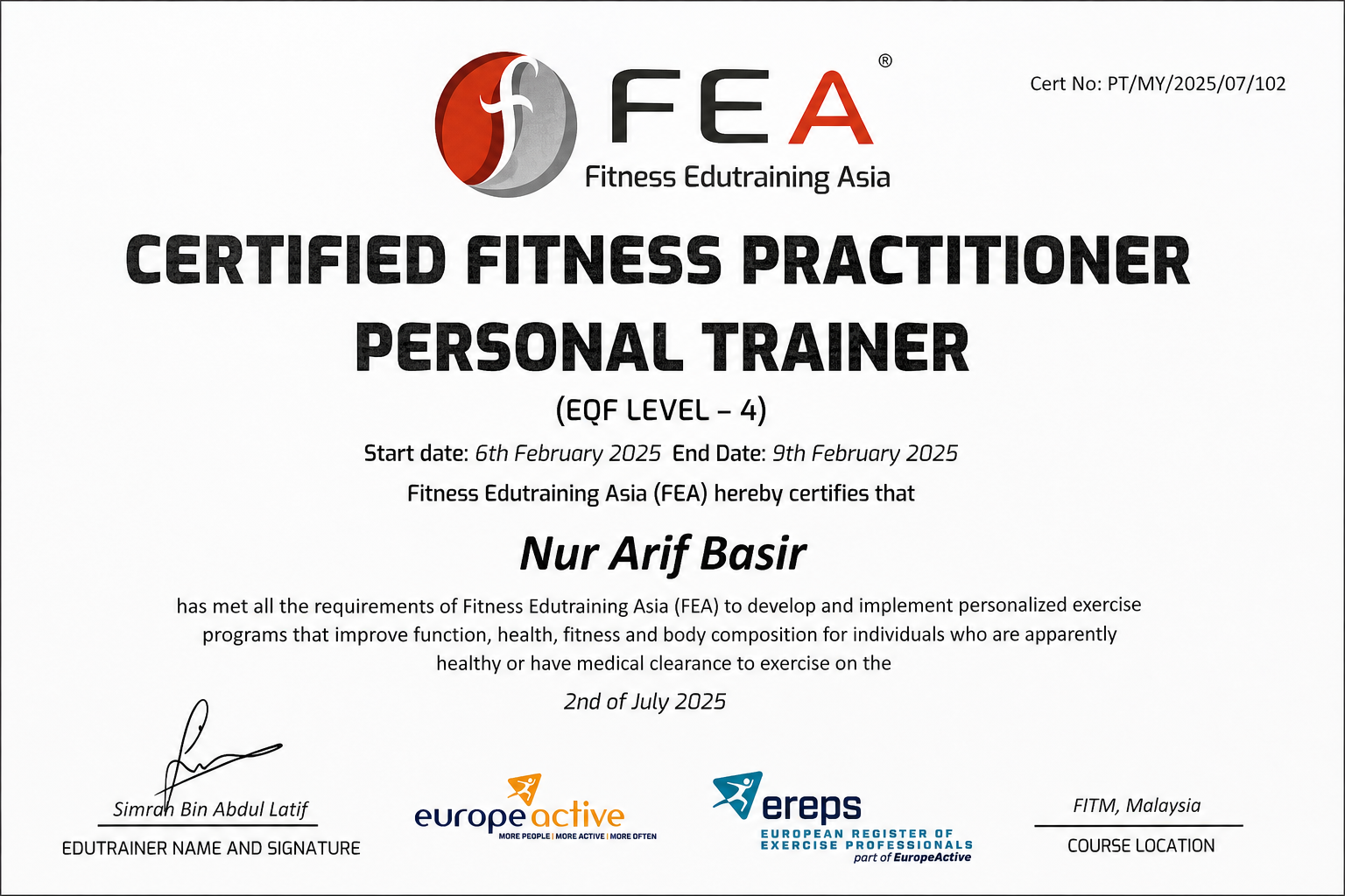 Certified Personal Trainer (EQF Level 4) certificate awarded to Nur Arif Basir